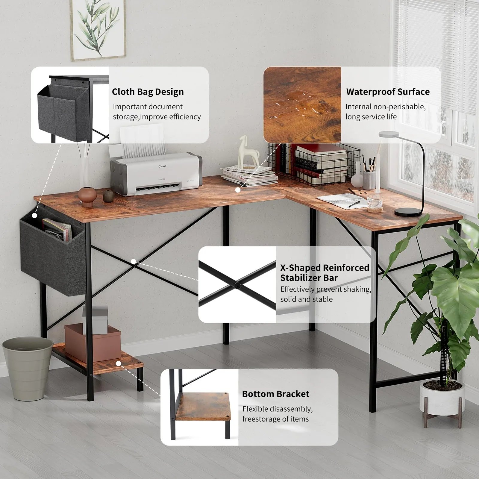 Mesa de jogos rústica em forma de L de 50 polegadas com design de canto lateral duplo para escritório e jogos