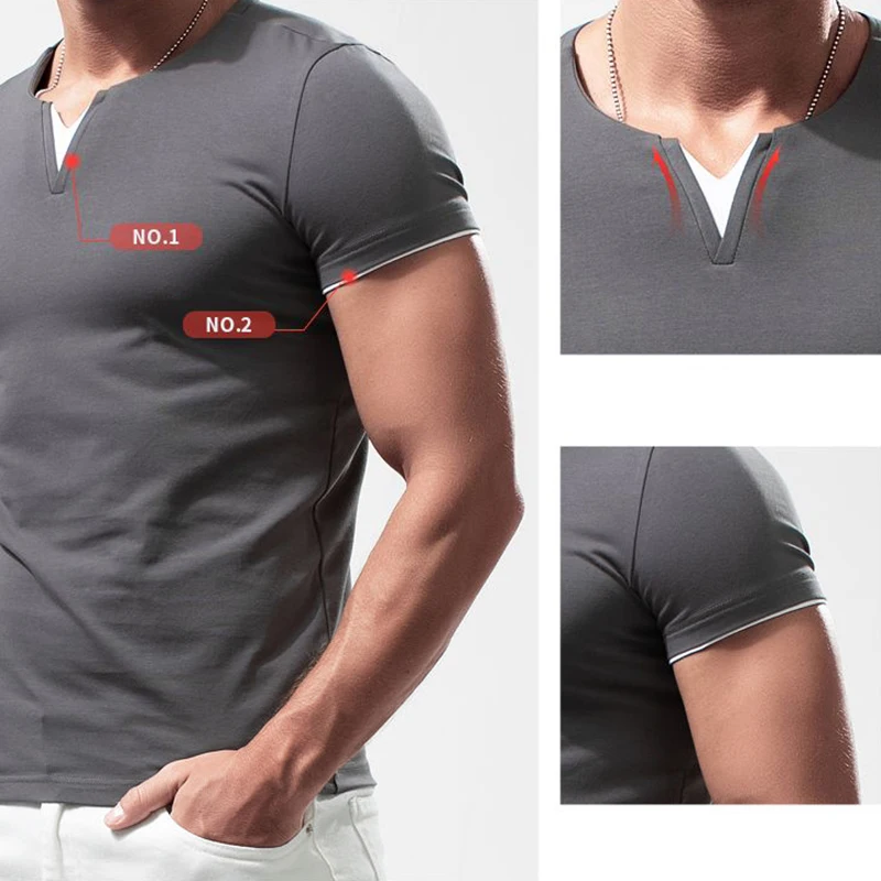 New Mens Short Sleeve Color Match Shirts Cotton Slim Fit Large V Neck TShirt Fitness Jogging Basic Crew Neck Tops