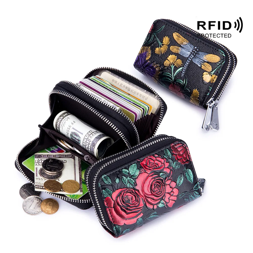 RFID Genuine Leather Wallet Handbags For Women Rose Flower Paintings Rectangle Small Luxury Designer Female Messenger Purse