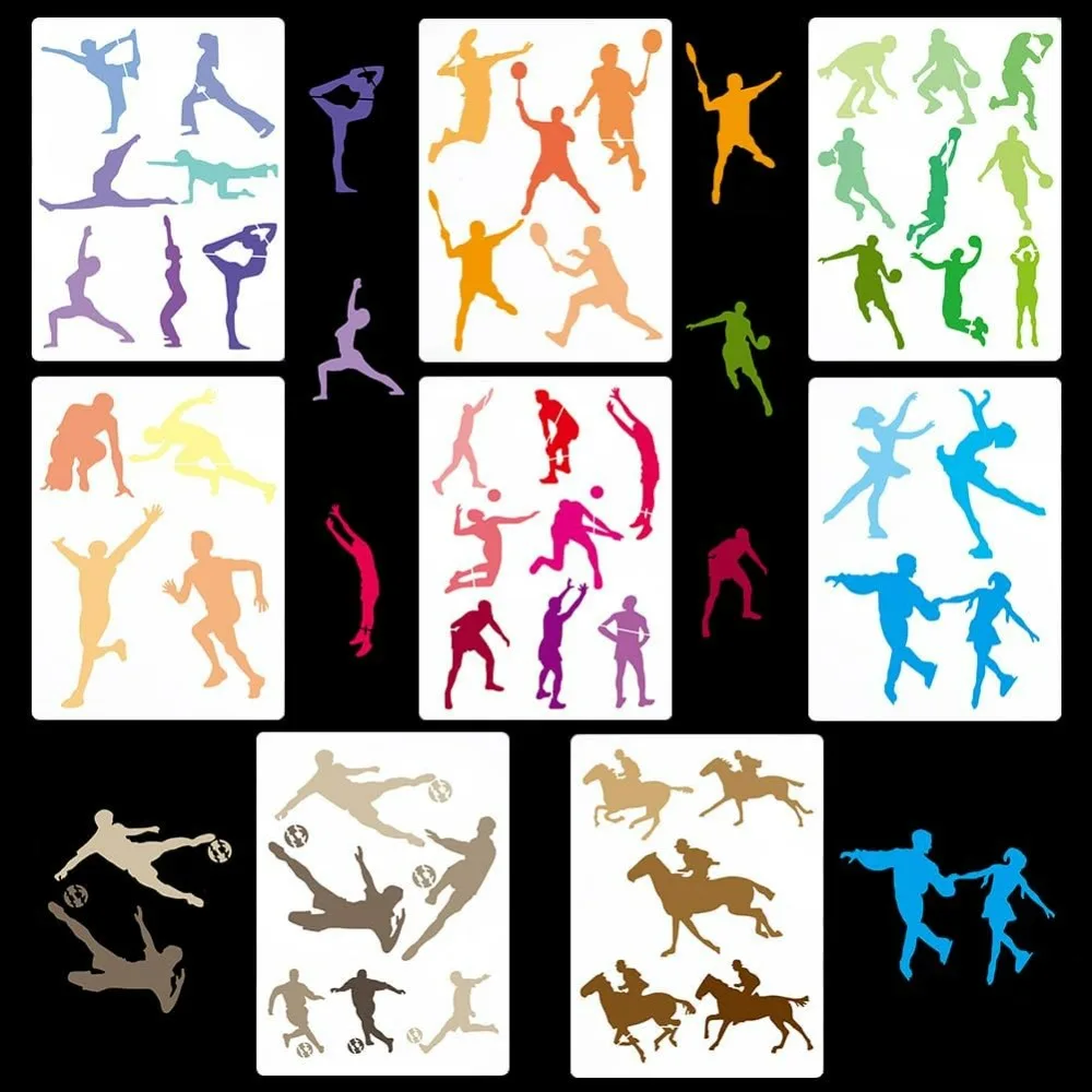 8 Styles Sports Theme Stencil 21x15cm Sports Player Template Basketball Football Volleyball Tennis Athletics Equestrian Yoga