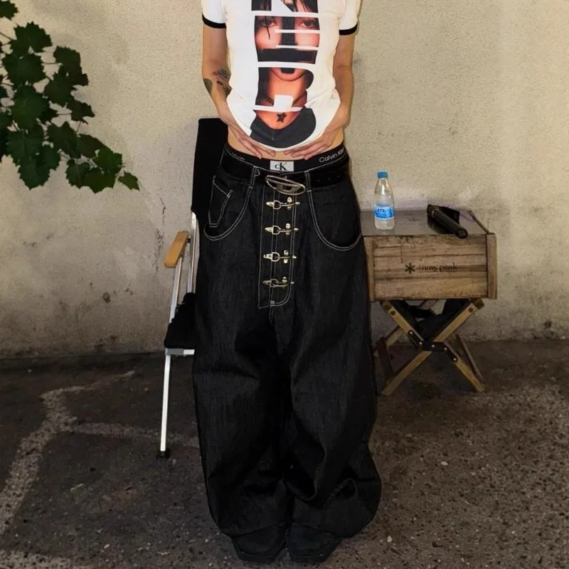 

American Retro Plus-size Washed Airplane Button Scimble Jeans Women's Street Loose Slimming Wide-leg Sagging Long Pants Trendy