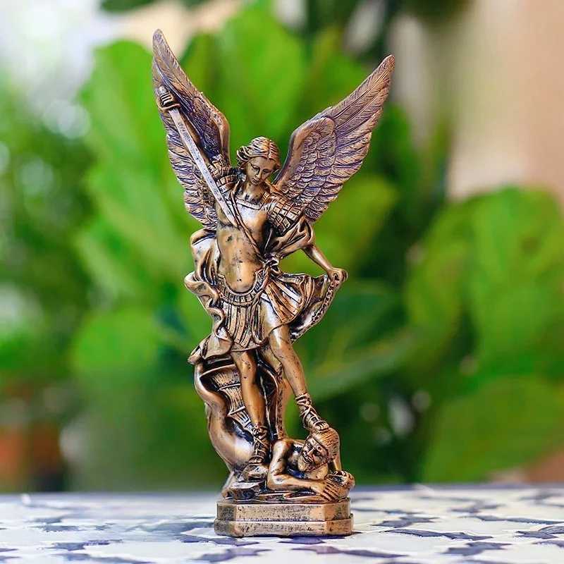 Christian San Miguel Arcangel Statue Retro Bronzed Saint Michael Angel Resin Figurine Home Blessing Decoration Desktop Ornaments