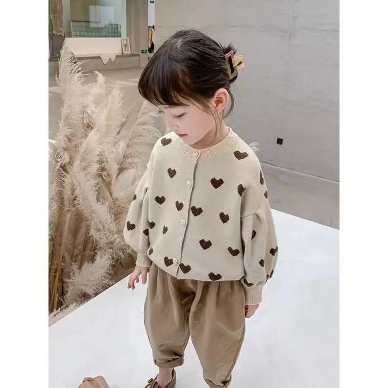 Girls Knitted Cardigan Sweater Spring Autumn Long-sleeved Coat Loose and Fashionable Love Jacquard Design Simple Children\'s Top