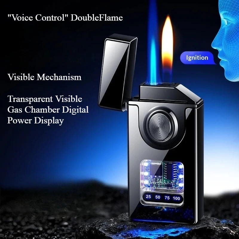 New Smart Voice Control Dual Flame Butane Lighter,  USB Rechargeable Electric Igniter, Windproof Luxury Lighter Gift Box