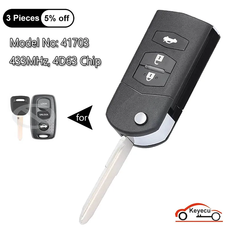 KEYECU 3 Buttons 433MHz 4D63 Chip for Mazda MX5 MK2.5 2000 2001 2002 2003 2004 2005 Upgraded Flip Remote Key Fob Model No. 41703