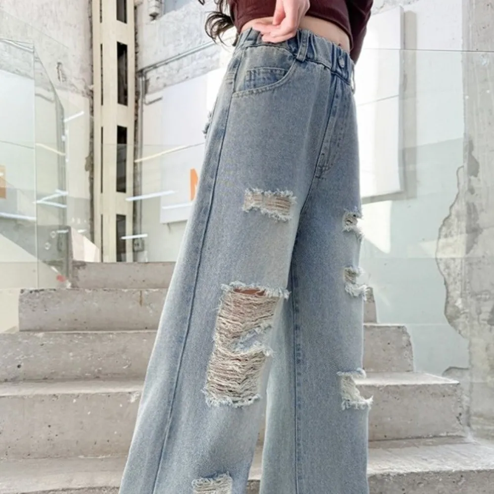 Ripped Wide Children Jeans Loose Leg High Waist Blue Teen Girl Jeans Streetwear Korean Style Girls Denim Trousers Kids Children