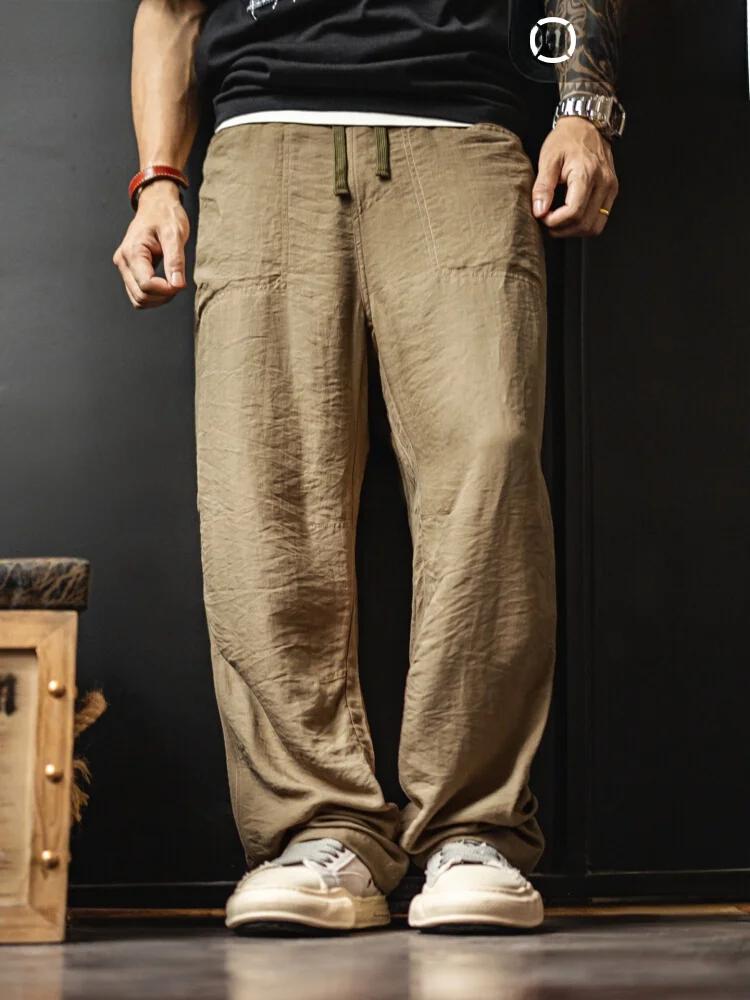 

Мужские повседневные брюки Maden Workwear цвета хаки, драпированные, тонкие, из хлопка и льна, прямого кроя, дышащие, для лета и осени