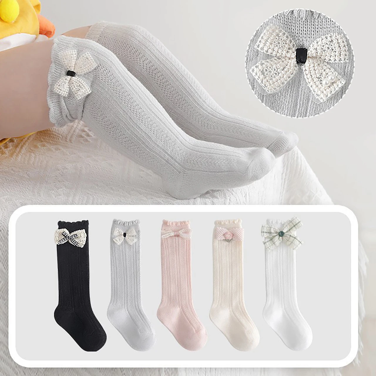 

Sweet Bow Baby Girls Long Stockings Kids Summer Mesh Socks Thin Cotton Breathable Toddler Knee High Socks JK Lolita Calf Socks