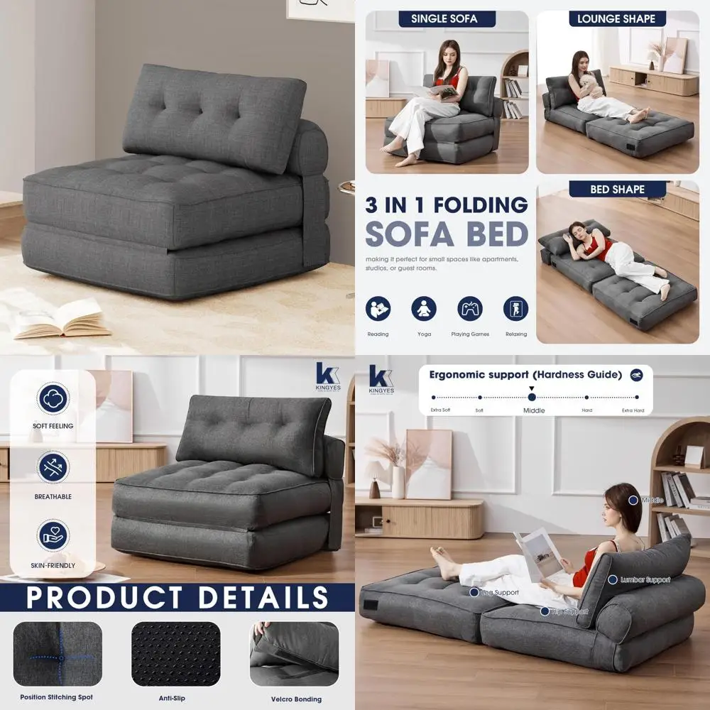 

adults' convertible sleeper chair with pillow, foldable single futon floor sofa lounge for living room comfort
