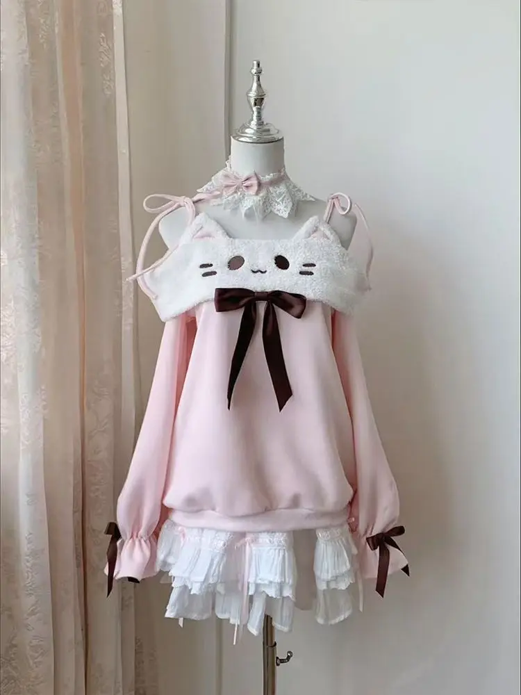 

Japan Hoodie Embroidered Cat Day Off-The-Shoulder Sweater Female Bow Design Unique Coat