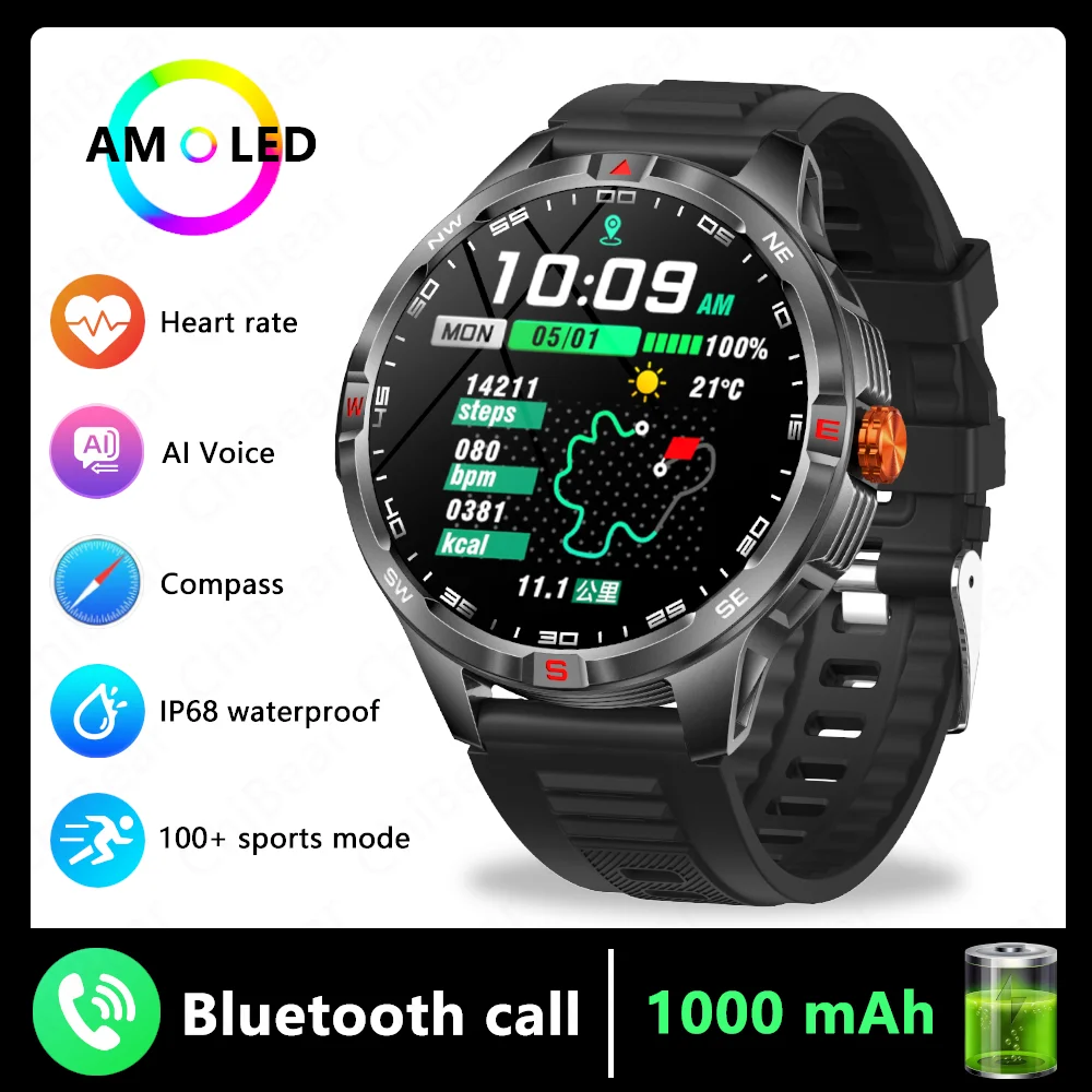 GPS Outdoor Militaire Heren Smart Horloge 5ATM Waterdichte Sport 1000 Batterij Kompas Gezondheid Monitoring Bluetooth Oproep Smartwatches
