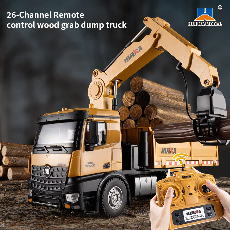 HUINA 1/14 RC Truck-mounted Wood Grab Dump Truck 2.4GHZ 26CH Remote Control Alloy Wood Grab Engineering Vehicle Model Toy