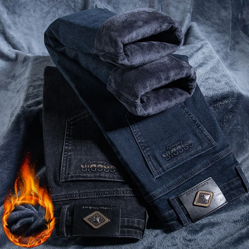 

2025 Men's Thicken Fleece Straight Jeans Winter Business Casual Stretch Denim Pants Warm Plush Brand Trousers Pans Male Classic