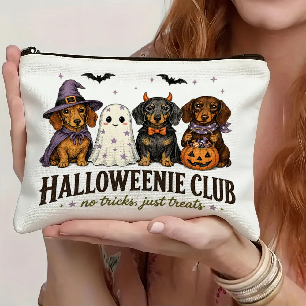Halloweenie Club Dachshund Cosmetic Bag Witch Ghost Devil Pumpkin Bat Print Zipper Pouch Women Travel Makeup Storage Purse