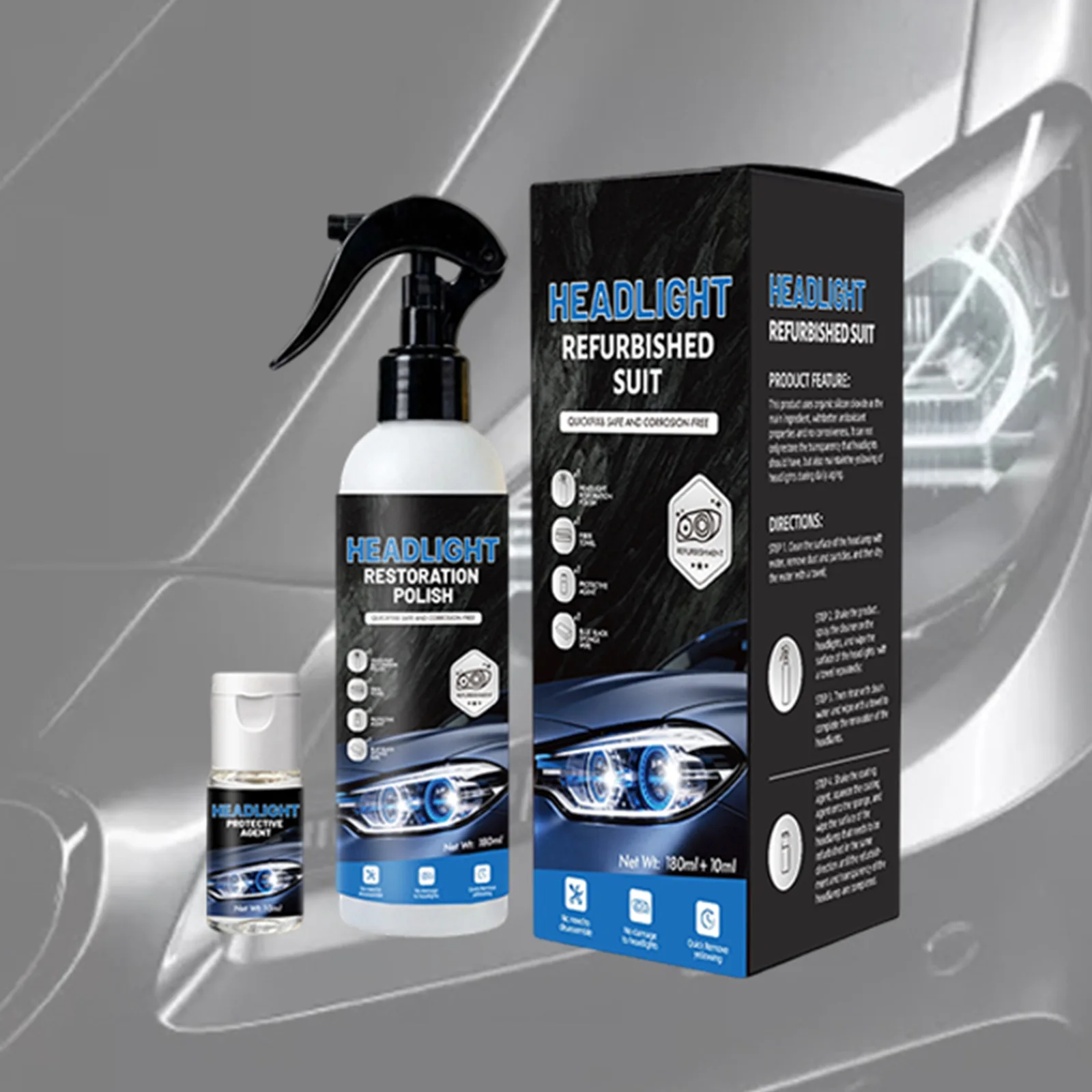 Cars Headlight Restoration Kits Multi Purpose Automotive Headlamp Restoration Fluids 180ml+10ml for Oxidized&Yellowed Headlamps
