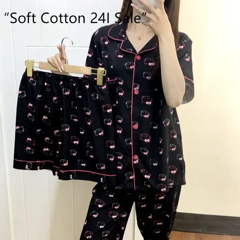 

2025 new Hello Kitty pajamas black comfortable three-piece set short-sleeved shorts trousers women's Hello Kitty loungewear