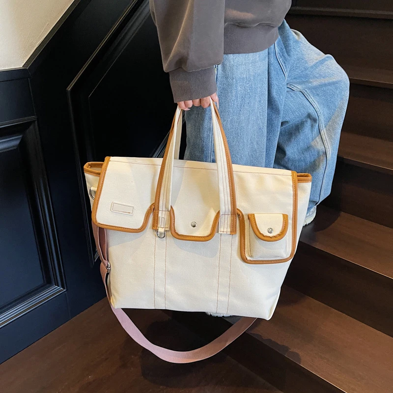 

Niche Contrast Color Tote Bags Fashion Designer Messenger Bag New Stitching Canvas Japanese High-quality Versatile Shoulder Bags