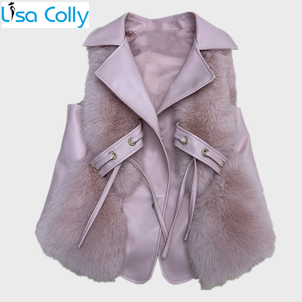 Women Autumn Winter PU Leather Sleeveless Faux Fur Vests Coats Jacket Gilet Vest