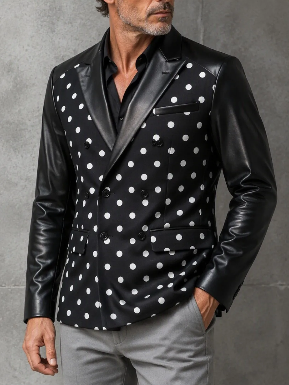 Men's Classic Black White Polka Dot Blazer Faux Leather Patchwork Sleeve Peak Lapel Business Jacket for Party Banquet Stage