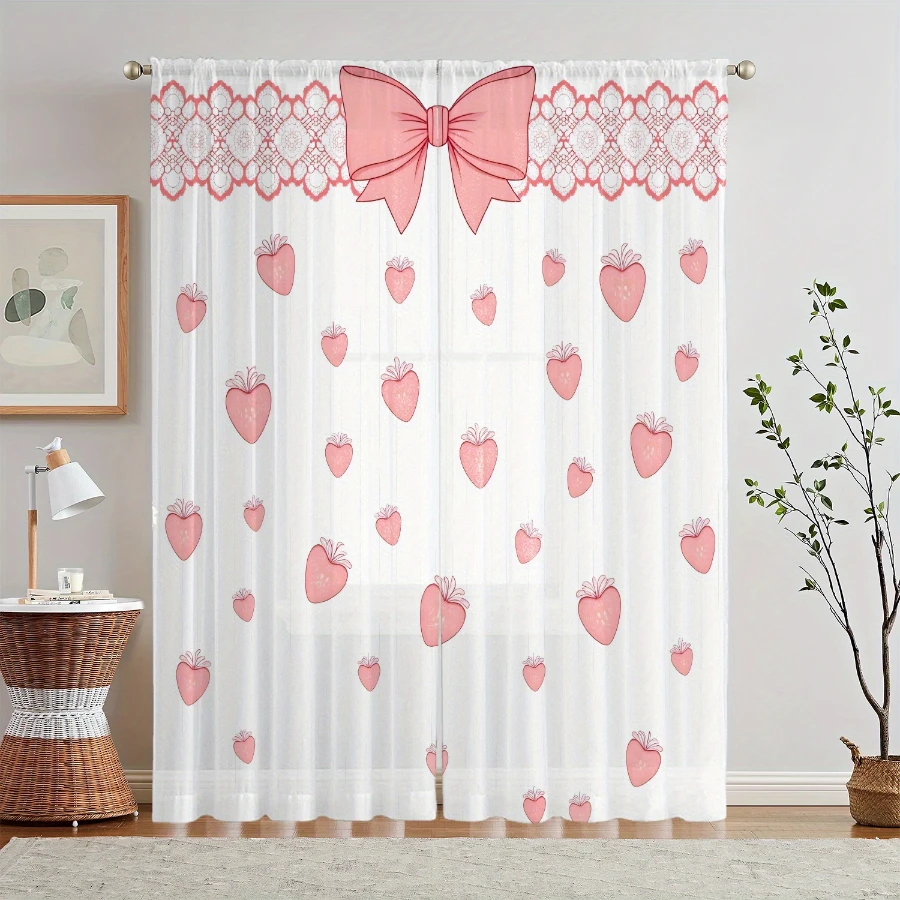2PCS Digital Print Sheer Curtains, Strawberry Bow Pattern, Cute Sweet Kawaii Fruit Style for Bedroom Living Room Home Decor