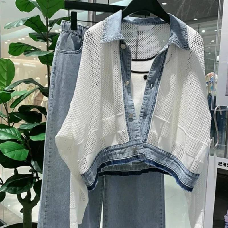 2025 ملابس الشارع النسائية معاطف الموضة الدنيم المرقعة الجوف التلبيب زر قميص بأكمام طويلة Y2k أبلى سترات فضفاضة غير رسمية #1