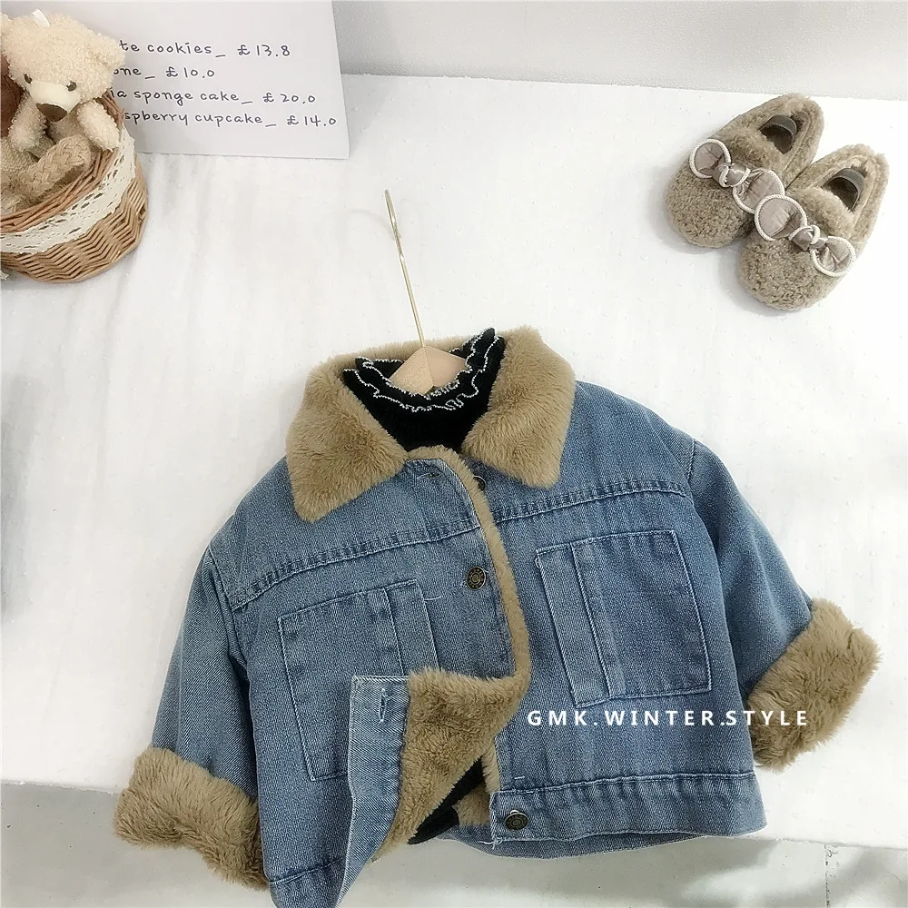 Girls Fleece Denim Coat Winter Extra Thick New Baby Lamb Fleece Warm Cotton-padded Jacket Children Korean Simple Style Clothes