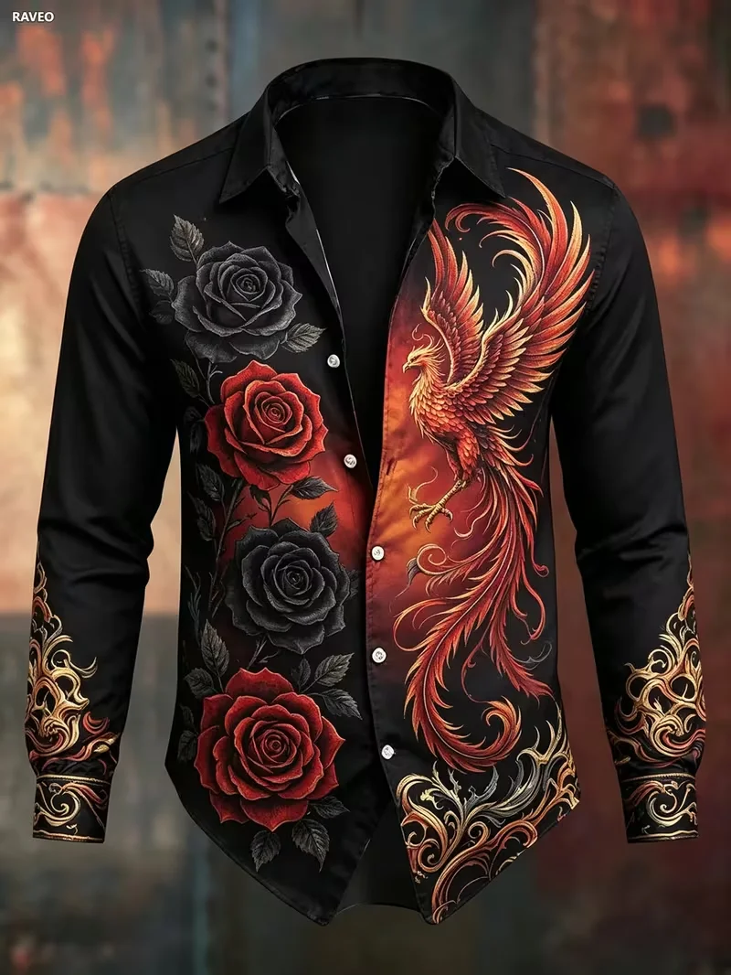 New men's gilded red rose Baroque vine flower 3D printed long sleeved shirt with a hanging collar top clothing