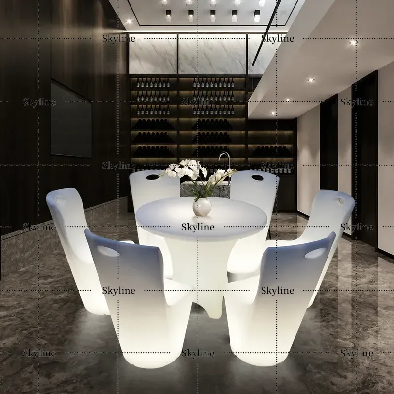 for Outdoor Waterproof LED Colorful Luminous Round Dining Table Wine Bar Coffee Table with Backrest Chair Casual Furniture