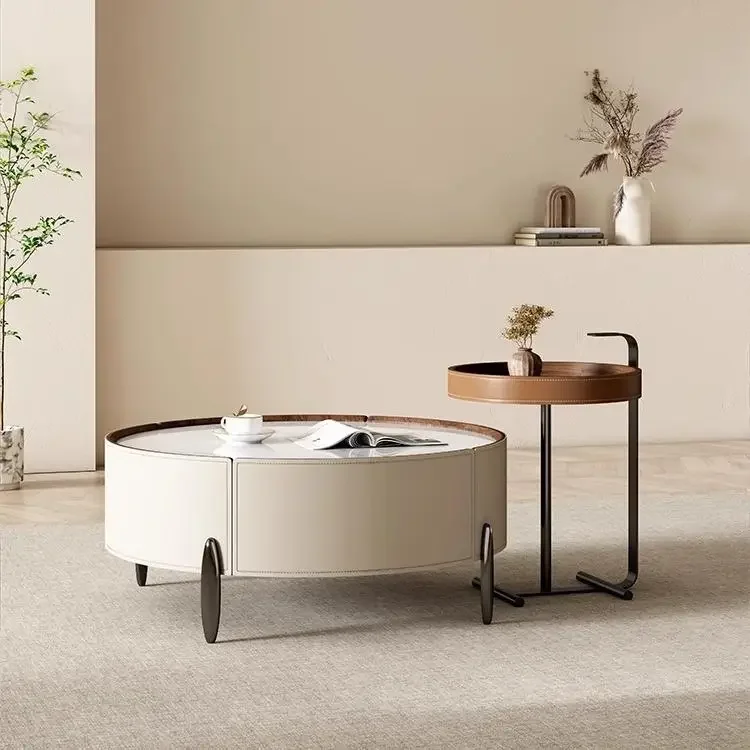 طاولة قهوة إيطالية مستديرة من البلاط الصخري مزيج بسيط من الجلد الصلب والخشب الصلب