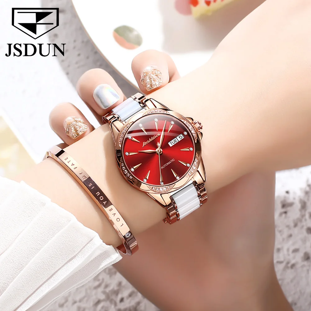 JSDUN Waterproof Ceramic Women\'s Automatic Mechanical Wristwatch Best Selling Casual Watch for Women Fashion Trend Ladies Watch