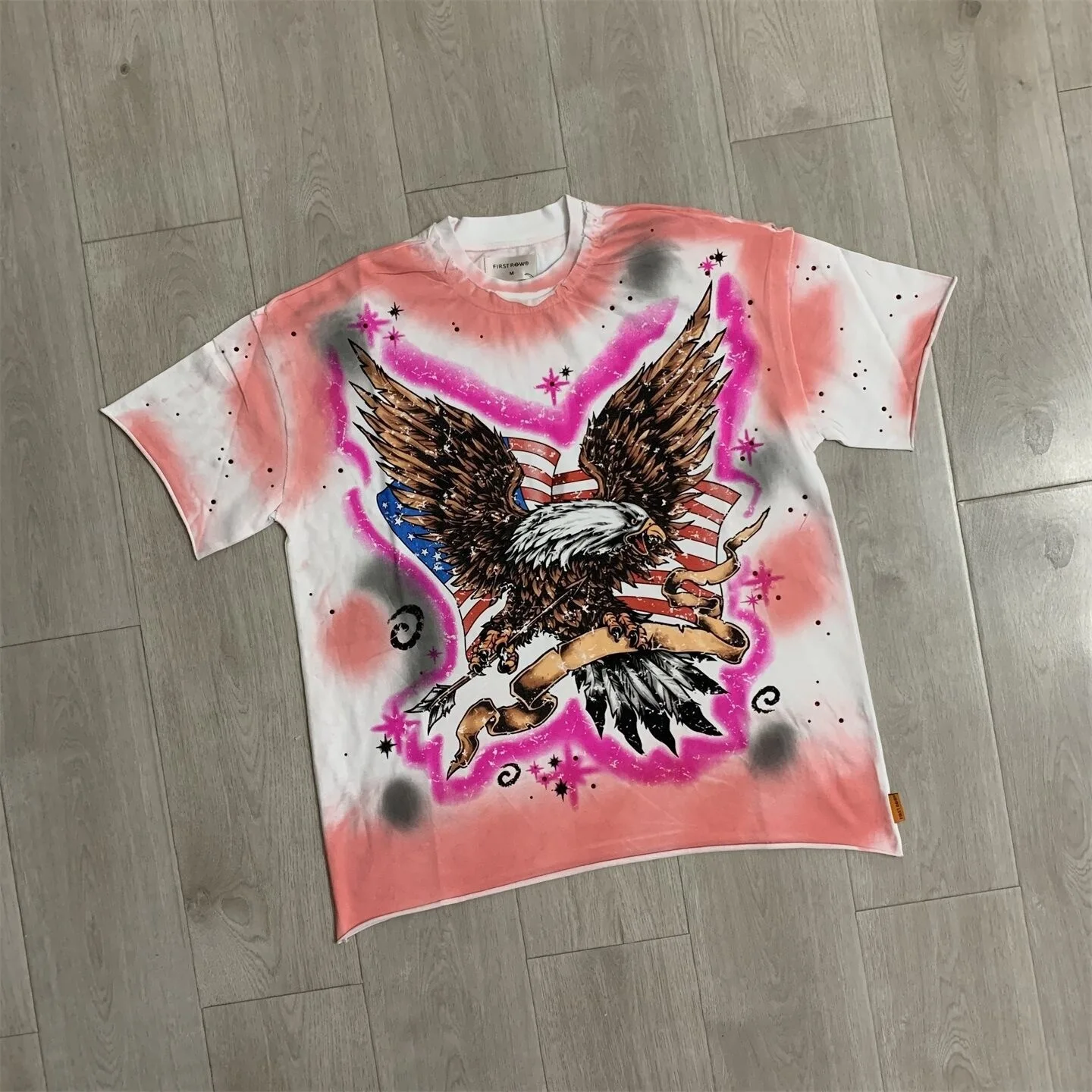 First Row Retro Vintage Eagle Beaded Print Short-Sleeved T-Shirt - Loose Fit, Weathered Edged, Casual Shirt for Men and Women