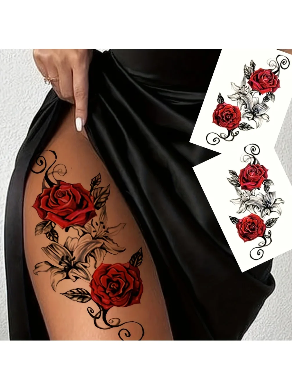 Autocollants de tatouage temporaires rouges en forme de Rose, 2 pièces, pour bras et jambes, Design de poitrine et de cuisse, imperméable, parfait pour les femmes