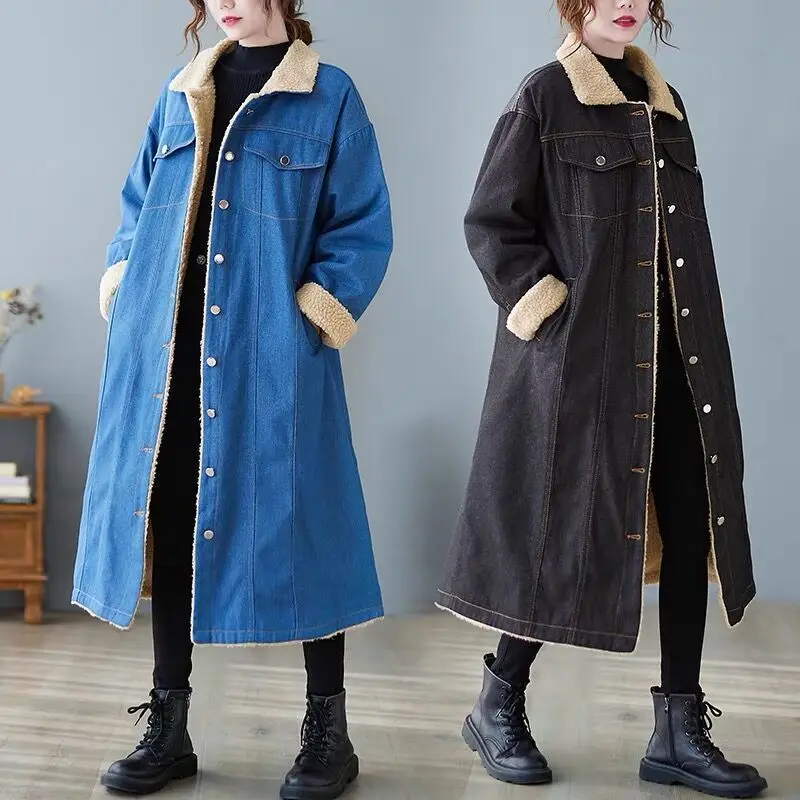 

2024 New Winter Coats Woman Mid-Length Lamb Wool Denim Jacket Stylish Knee-Thick Overcoat Female Loose Cotton Shirt Outwear