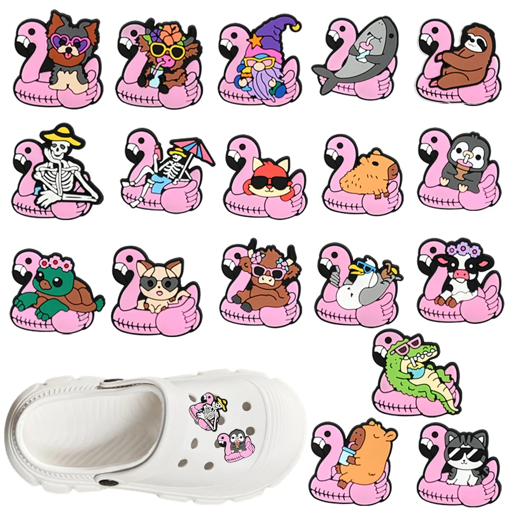 

18Pcs Flamingo Animals Shoe Charms PVC Crocodile Capybara Cartoon Shoes Decration Accessories DIY Clog Sandal Buckle Kids Gift