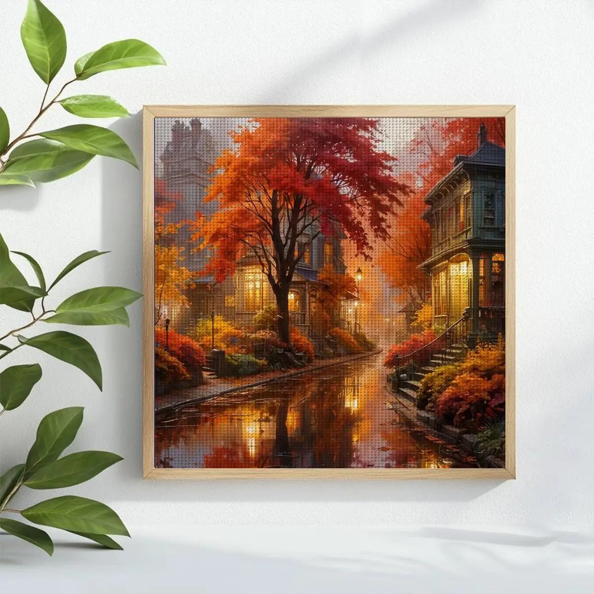 1pc 40X40CM/15.74inch Autumn Town Stamped Cross Stitch Kit DIY Kit 11/14/16CT DIY Embroidered Set DIY Cross-Stitch Set for Gift