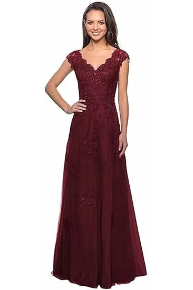 Abiti da cerimonia per la madre della sposa con applicazioni in pizzo da donna per matrimonio con scollo a V e maniche lunghe in tulle, abito da ballo formale da sera