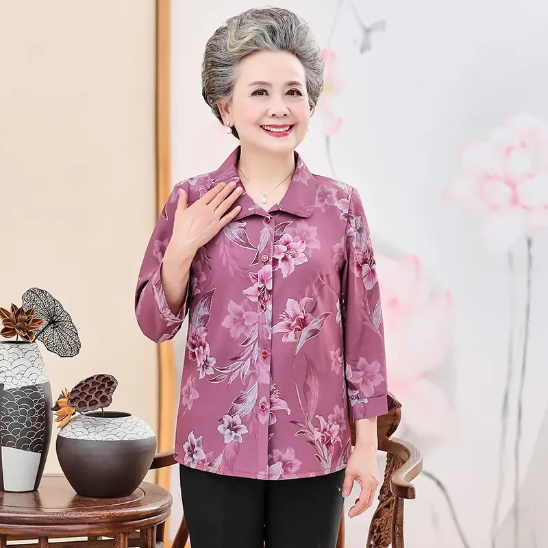 

Блузка с цветочным принтом для женщин старшего возраста, свободная, с длинным рукавом, элегантная, повседневная рубашка