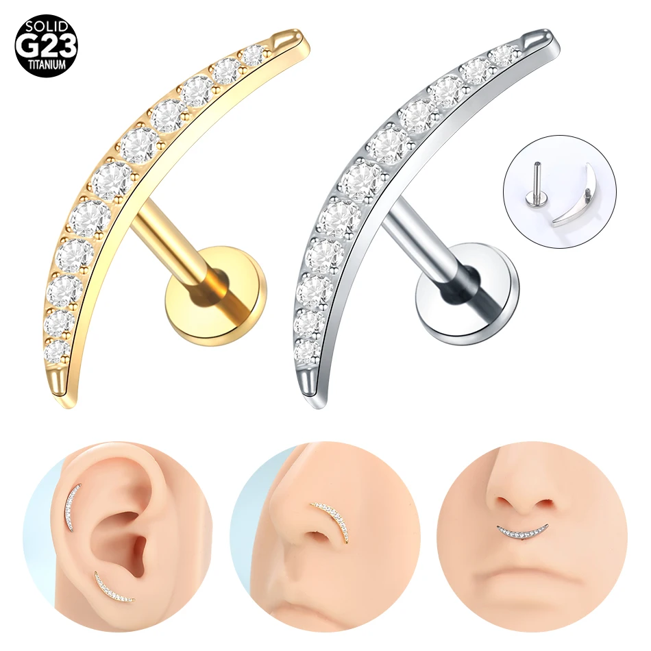 1PC Titanium Crescent PIERC CZ Paved Top Ear Cartilage Helix Piercing Labret Stud Tragus Earring Lip Ring Sexy Women Jewelry 16G