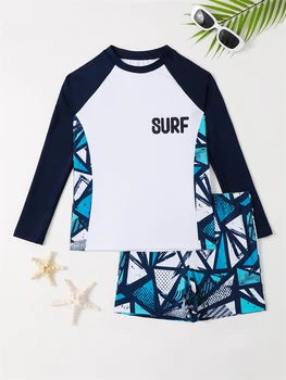 Geometry Print Boys Swimsuit Set 5 Boy Swimsuit 2026 New Geometry Print Long Sleeve Children Swimwear Summer Two Piece Kids Beach Wear Swimming Bathing Suit Men's 5