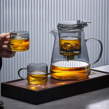 GIANXI Piao Yi 컵 고 붕규산염 유리 1 단추 프레스 필터 차 주전자, 손잡이가 달린 개별 차 통 티팟 