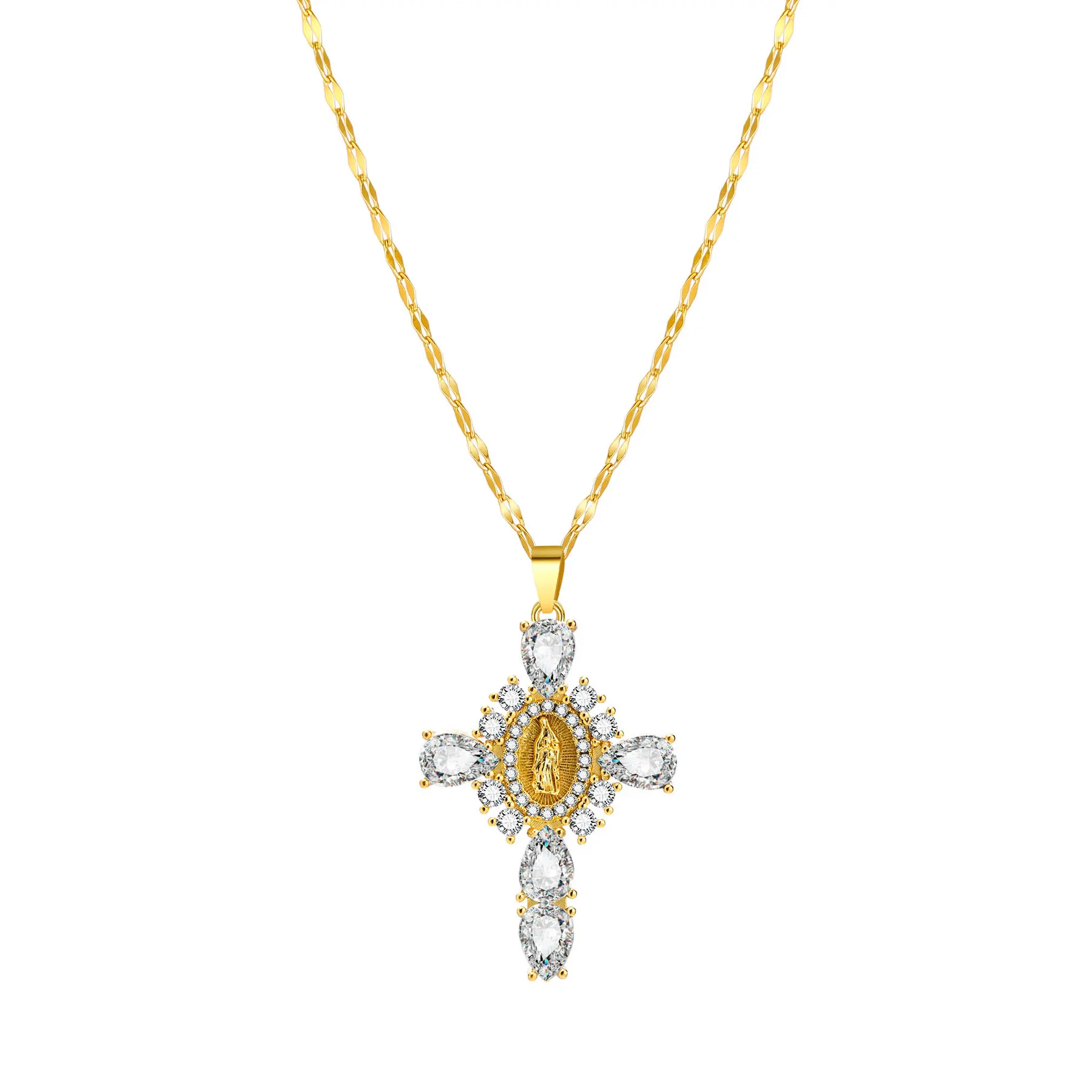 Virgin Mary Cross Pendant Necklace for Women, Brilliant Cubic Zirconia Crucifix Faithful Symbolism Neck Jewelry