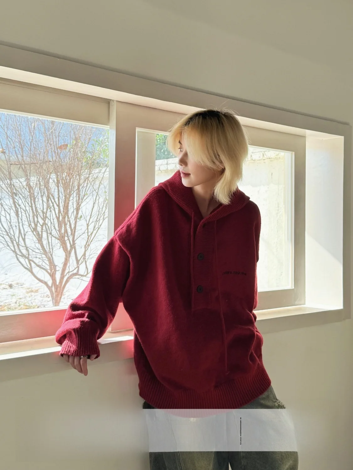 Ja1 Lazy Style Hooded Sweater Drawstring Christmas New Year Couple Knitted Top Street Style Loose Fit Long Sleeve Regular Length