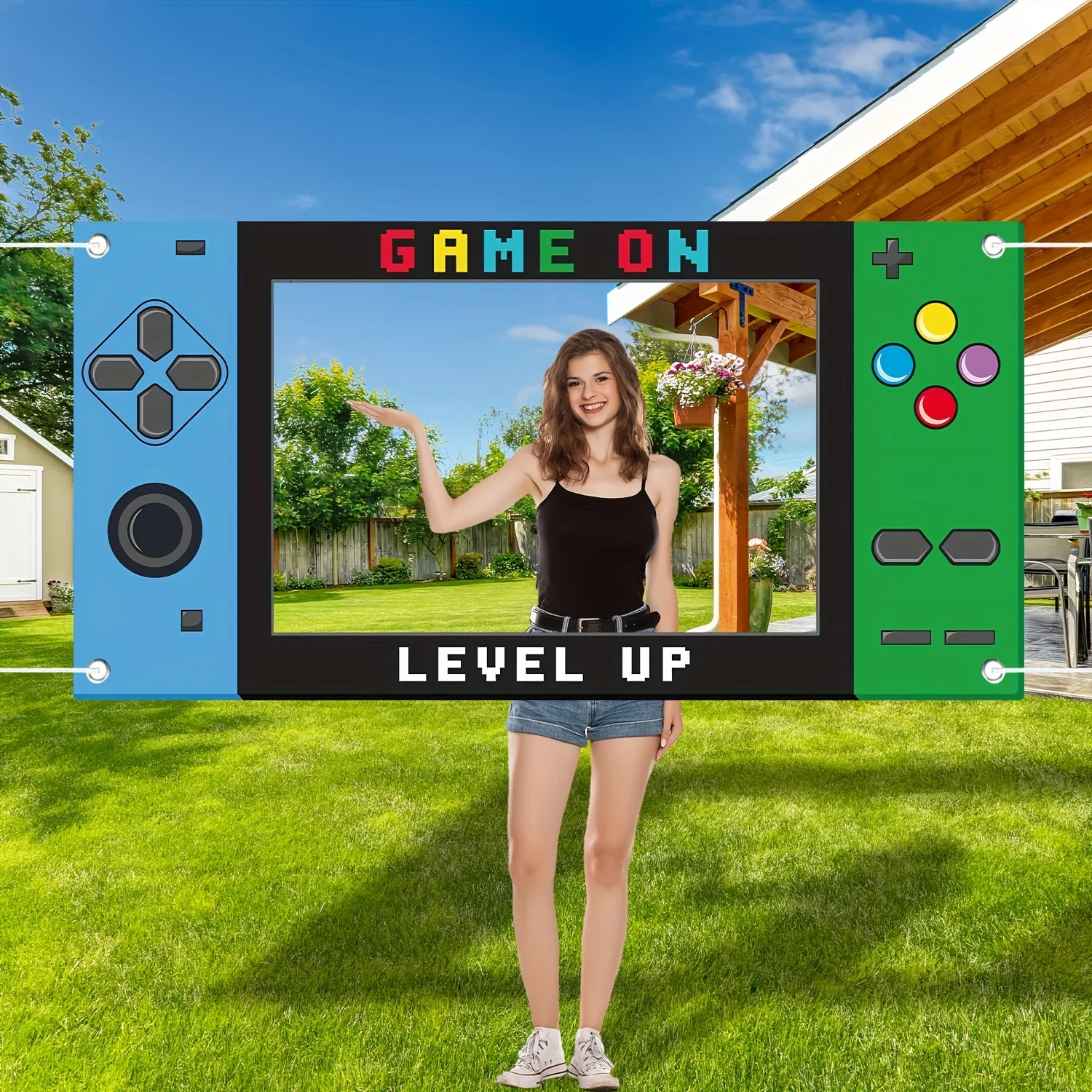 Game On Level Up Fotobox-Rahmen, Gamepad-Themen-Hintergrund für Videospiel-Geburtstagsparty Foto-Requisiten-Dekoration – Detail 5