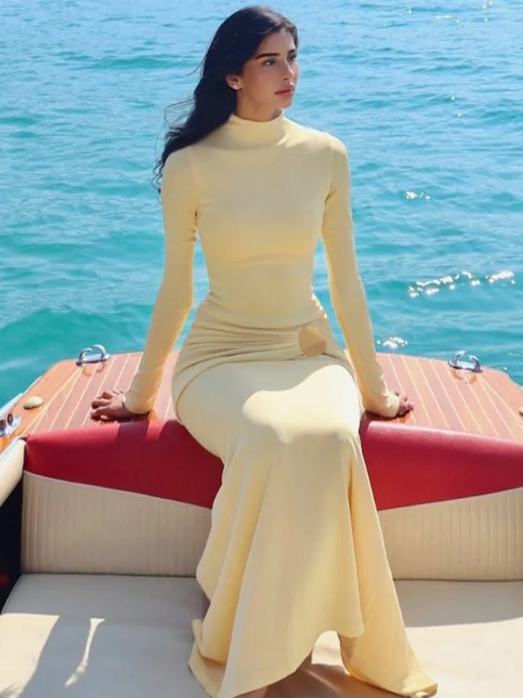 Half High Collar Long Sleeve Sexy Maxi Dress Women Yellow Metal Decoration High Waist Ruched Bodycon Club Long Dresses