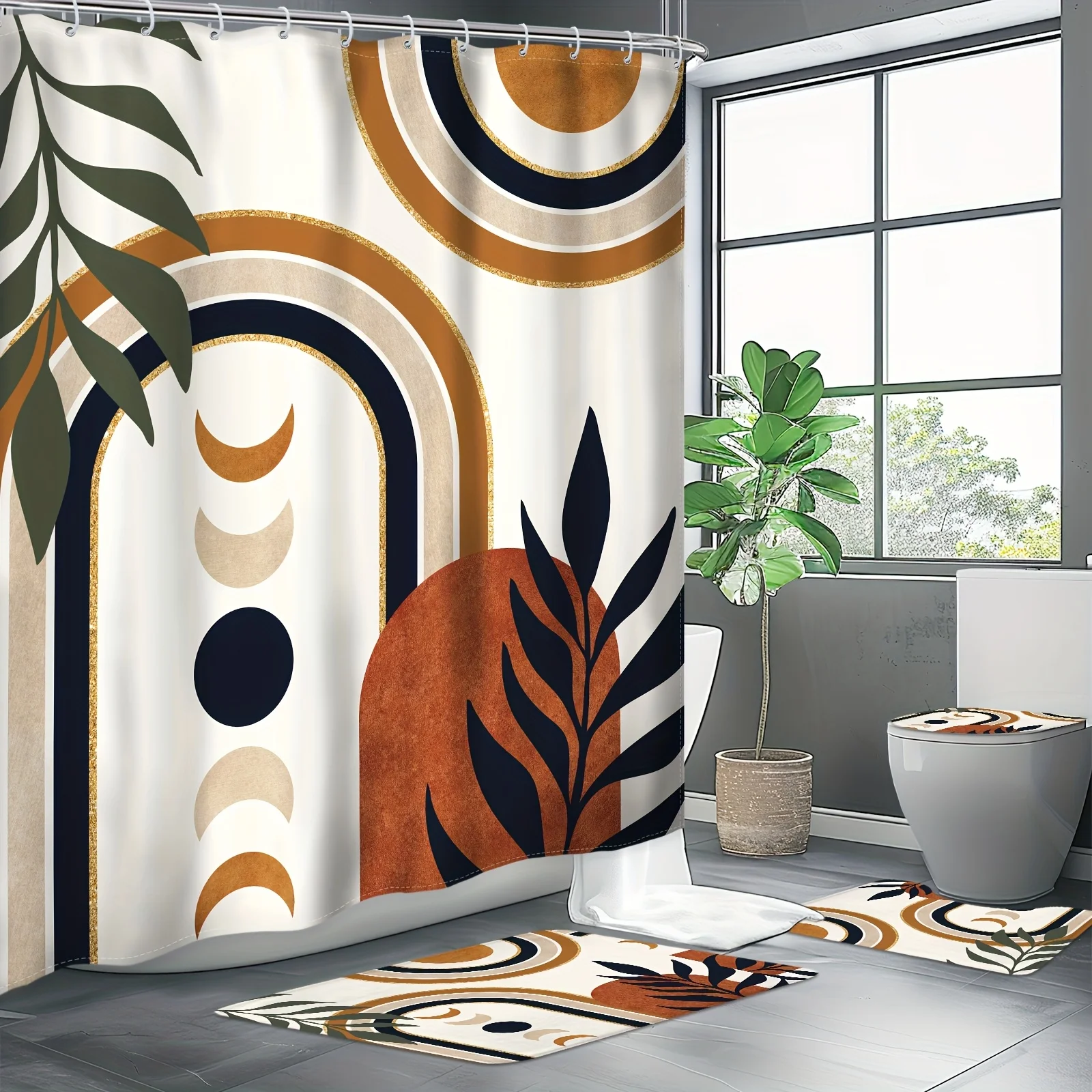 

Набор из 4 предметов: абстрактный набор занавесок для душа середины века, богемная пальмовая арка с геометрическим рисунком, современный минималистский стиль, U-образный коврик для унитаза
