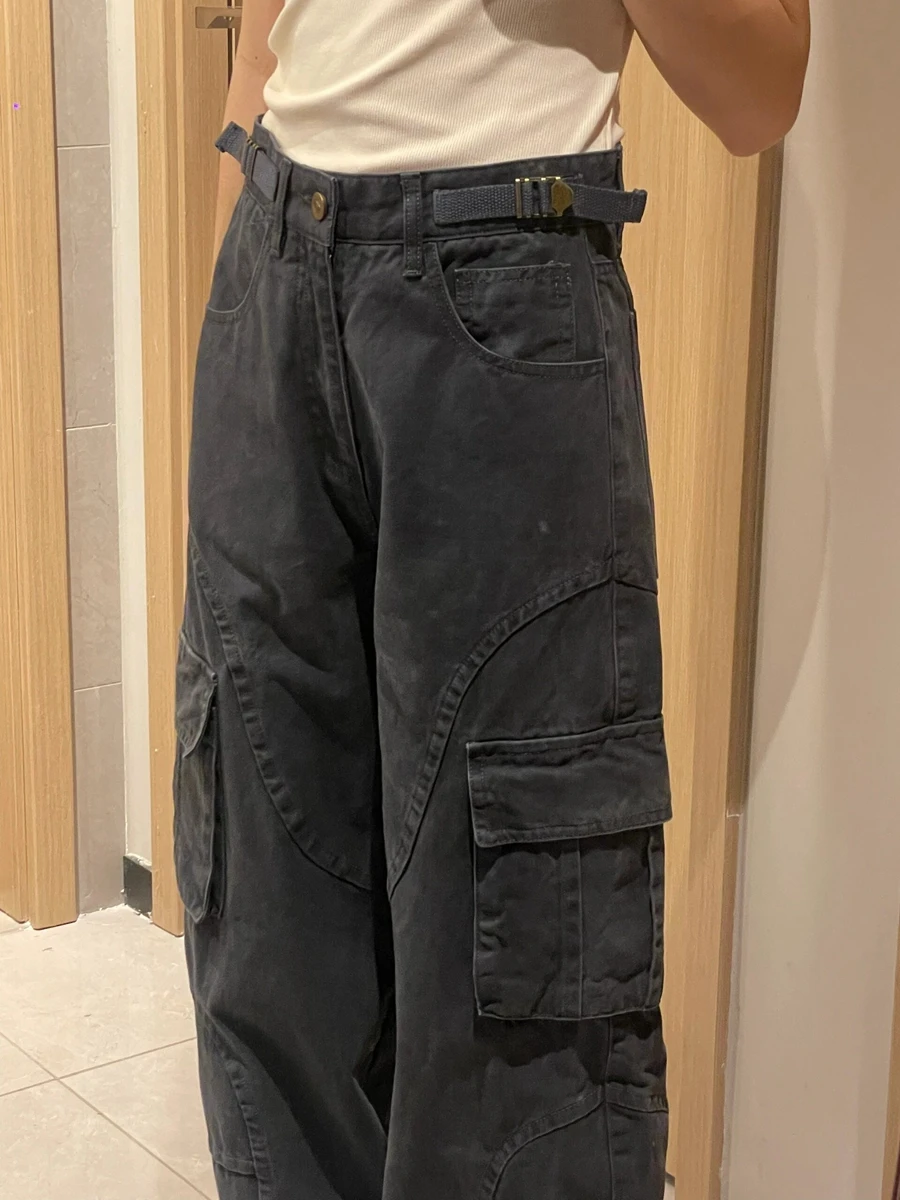 

High Waist Vintage Workwear Loose Wide Leg Pants Women's Bla Casual Trousers Multiple kets Straight Cut Denim Jeans