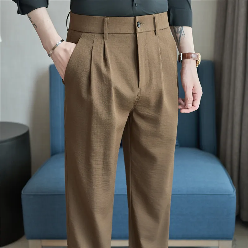 

Men's Summer Pants Quality Cotton And Linen Texture Mens Dress Pants Business Formal Wear Slim Fit Casual Full Length Trousers