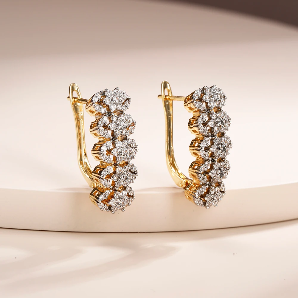 Clustered row zircon earrings and rings set copper plated 14K two-color gold banquet wedding accessories birthday gift