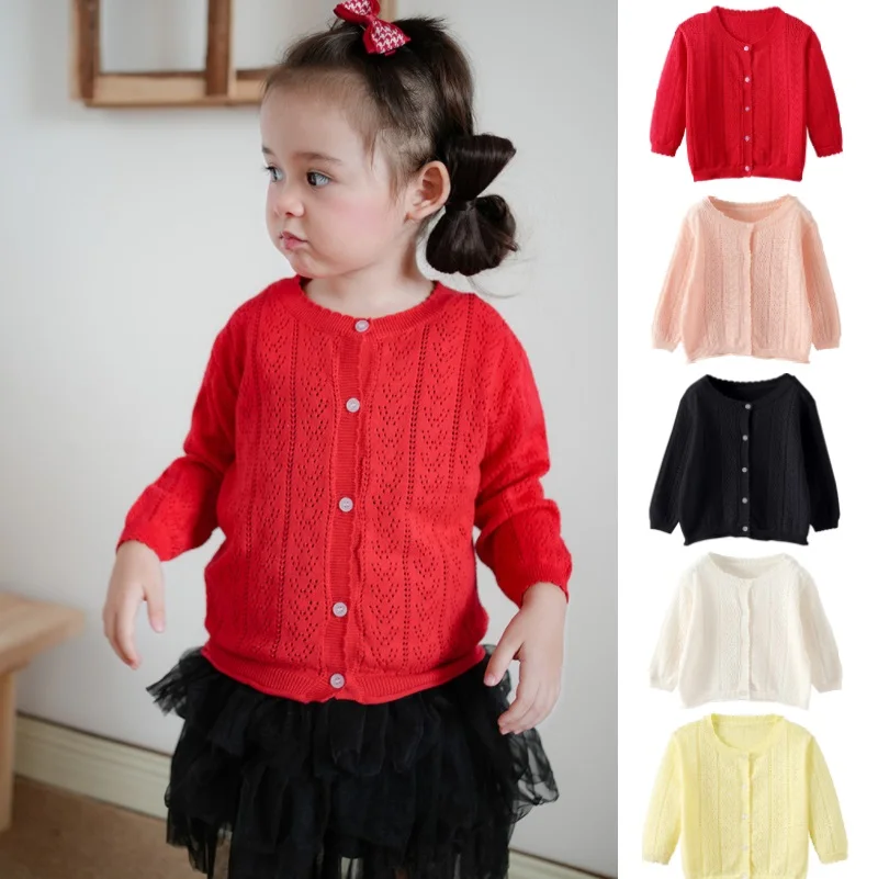 

Girls Knitted Cardigan 2025 Spring New White Hollow Sunscreen Girls Sweater Cotton Air Conditioning Shirt Children's Clothing