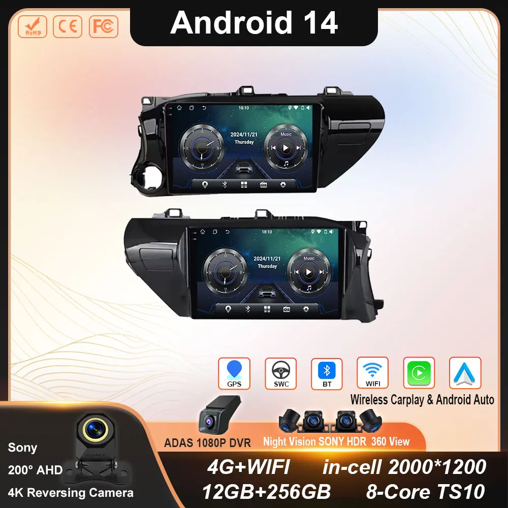 

Android 14 Carplay Car Radio For Toyota HILUX REVO VIGO IMV 2016 2017 Navigation GPS Multimedia Player WiFi+4G Stereo Video BT